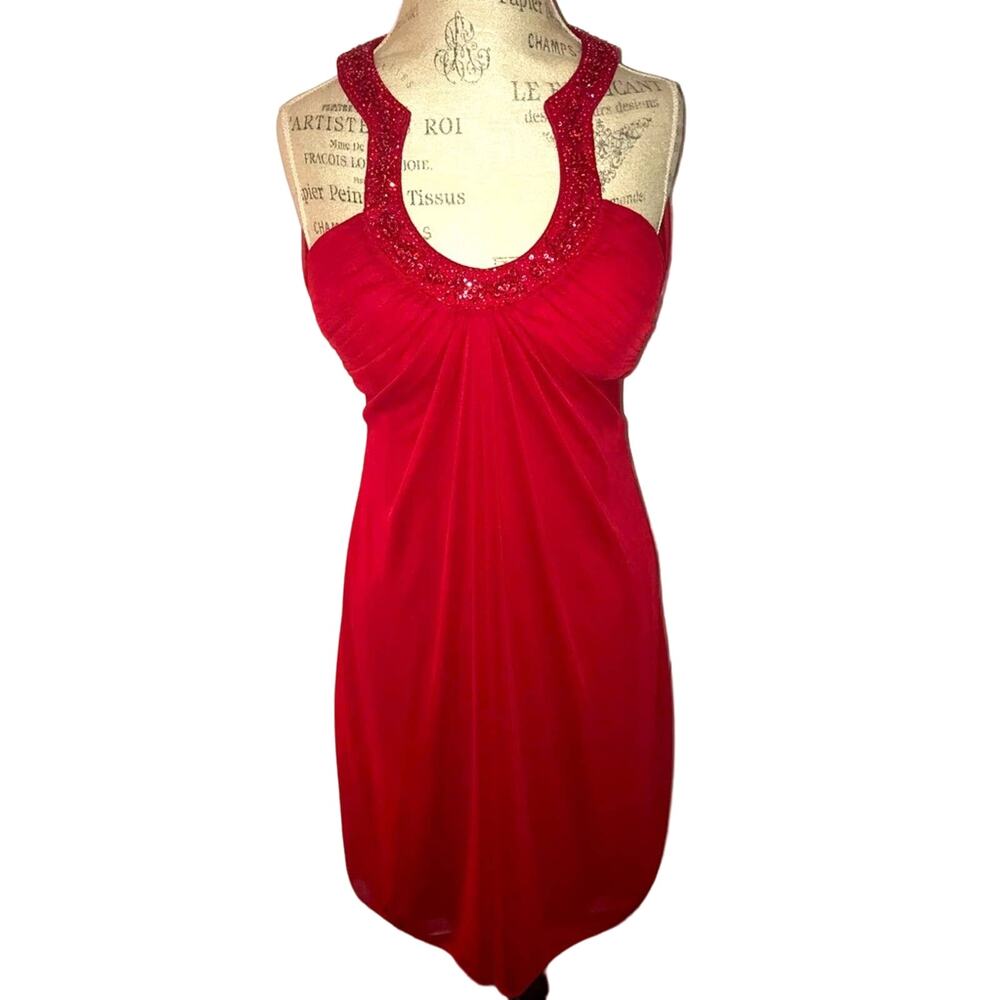 XScape by Joanna Chen sz 4 red beaded cocktail homecoming dress backless evening
